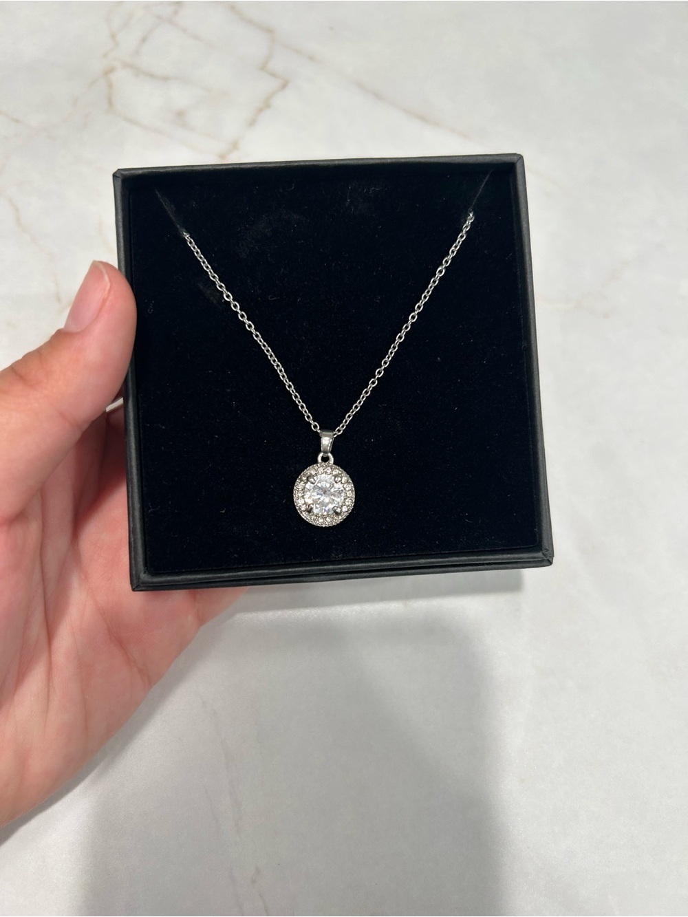 Silver Round Halo Pendant Necklace with Clear Stones